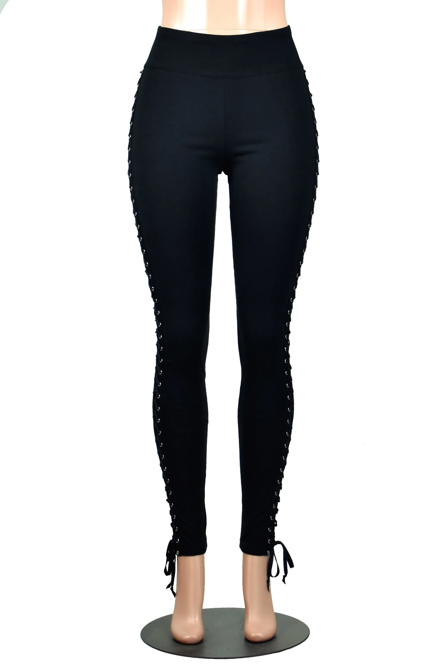 Black Cotton Spandex Side Lace-Up Leggings
