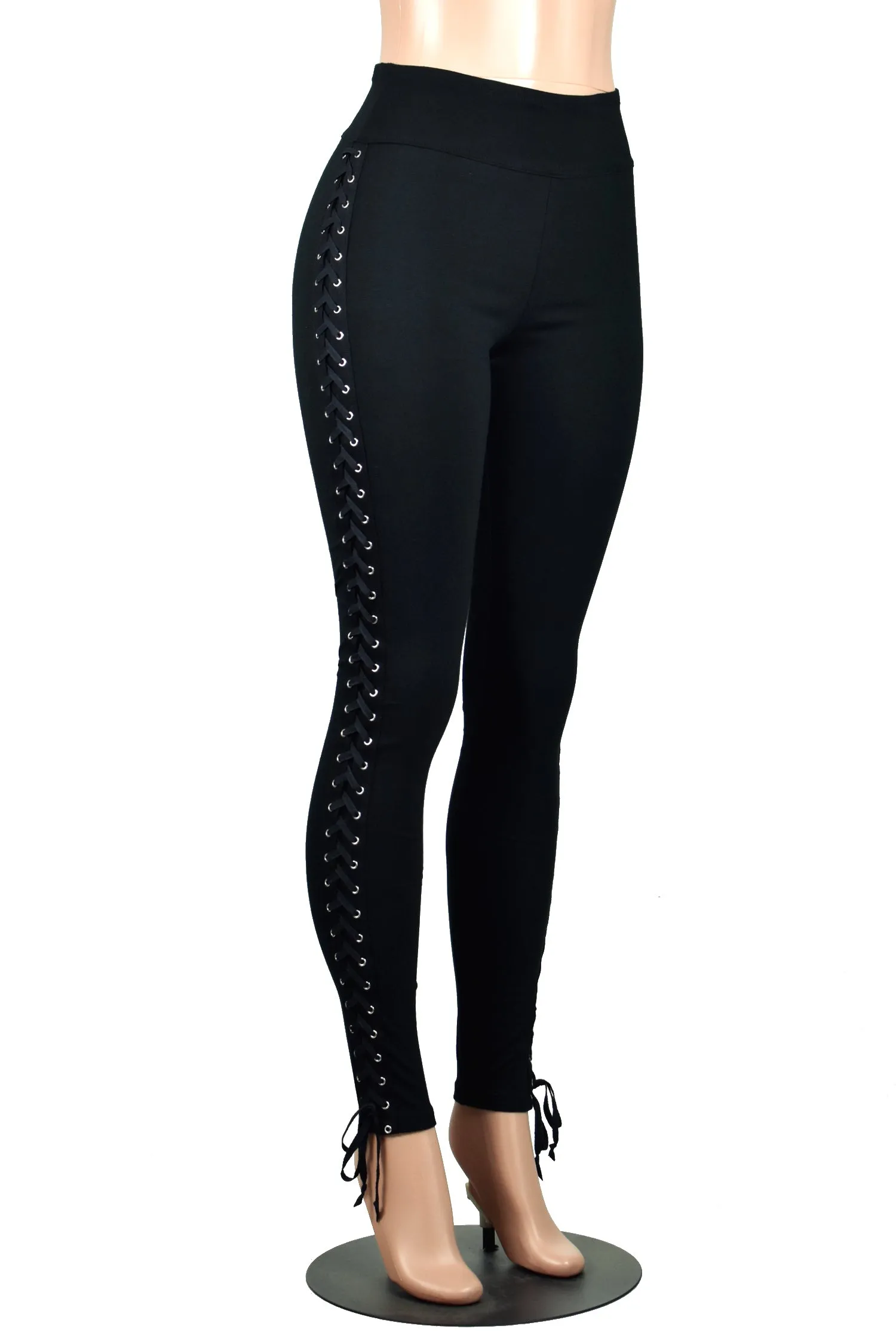 Black Cotton Spandex Side Lace-Up Leggings
