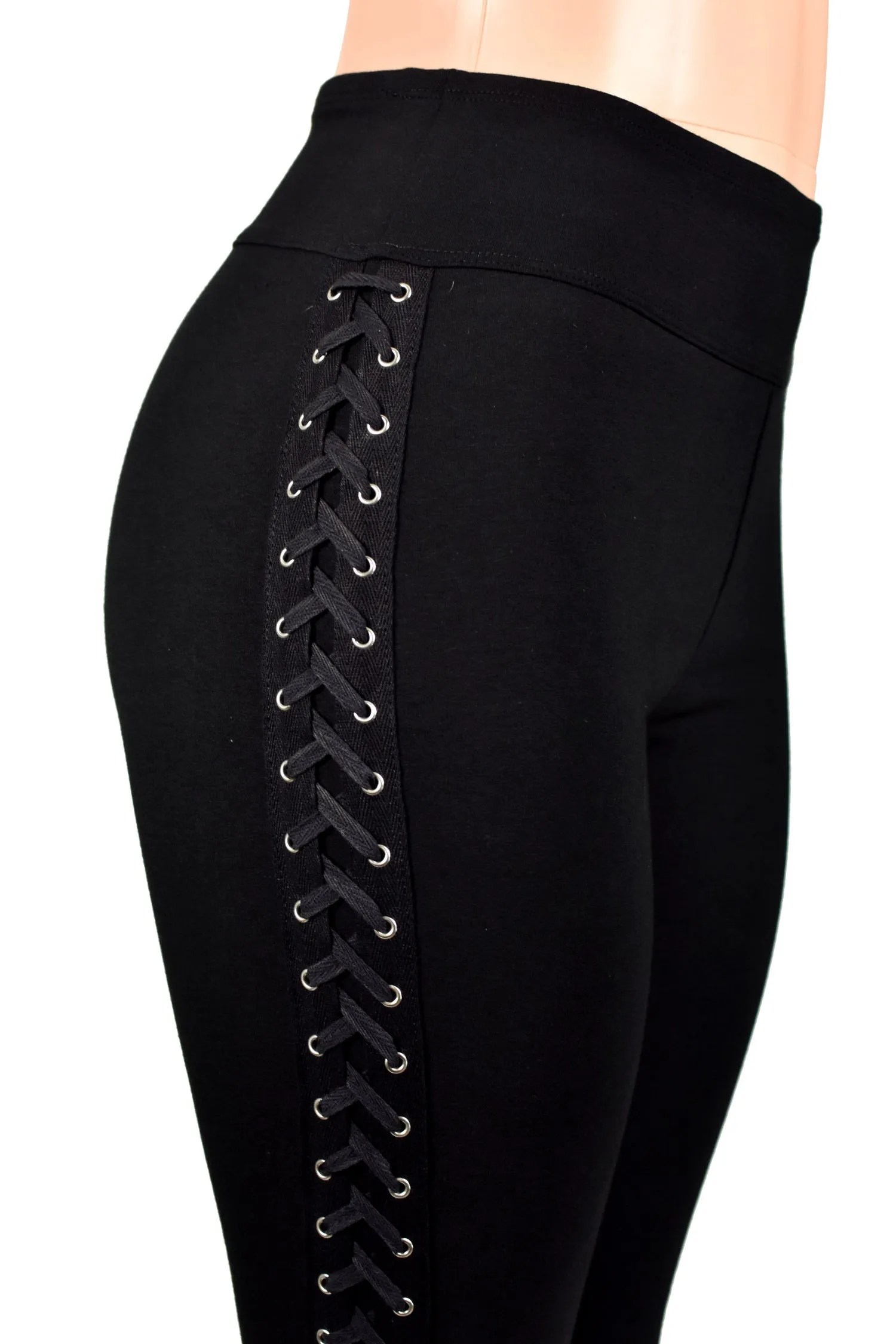 Black Cotton Spandex Side Lace-Up Leggings