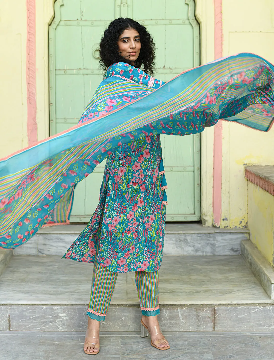 Blue Floral Printed Regular Pure Cotton 3-Piece Kurta Suit Set