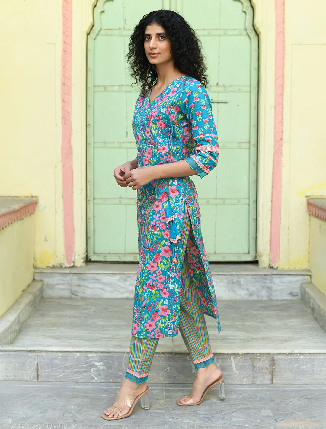 Blue Floral Printed Regular Pure Cotton 3-Piece Kurta Suit Set