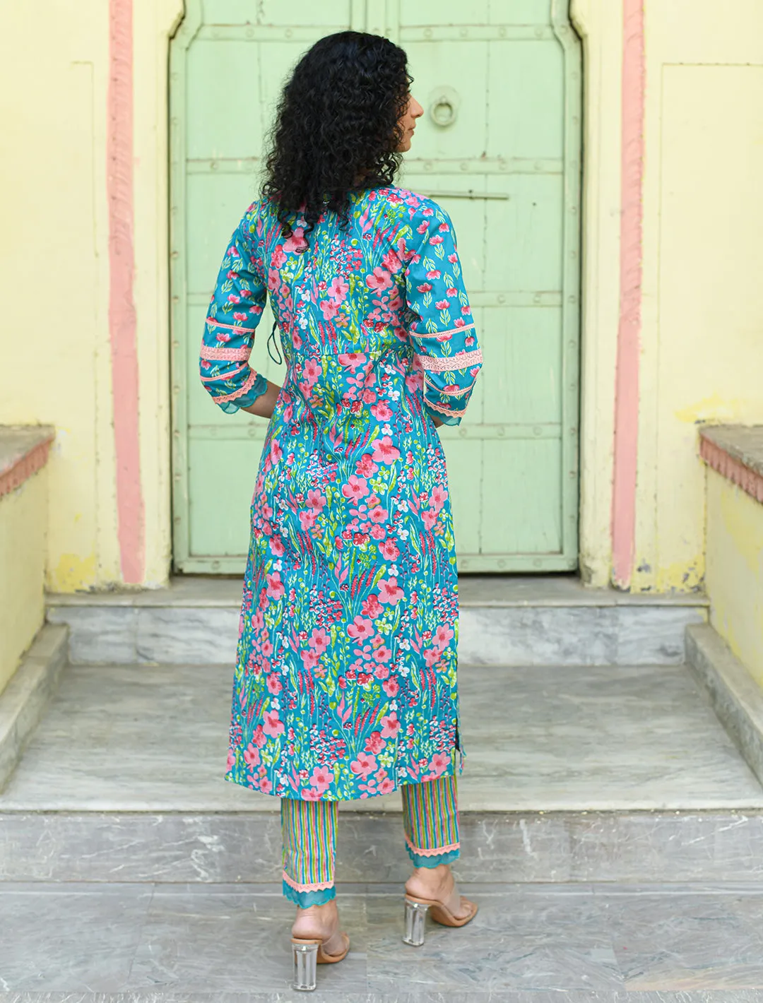 Blue Floral Printed Regular Pure Cotton 3-Piece Kurta Suit Set