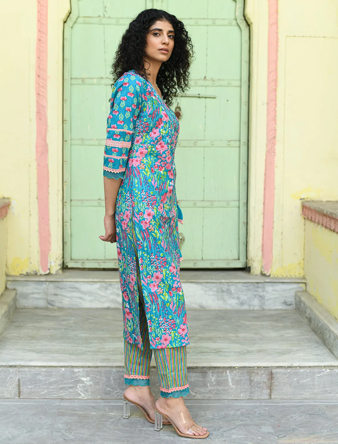 Blue Floral Printed Regular Pure Cotton 3-Piece Kurta Suit Set