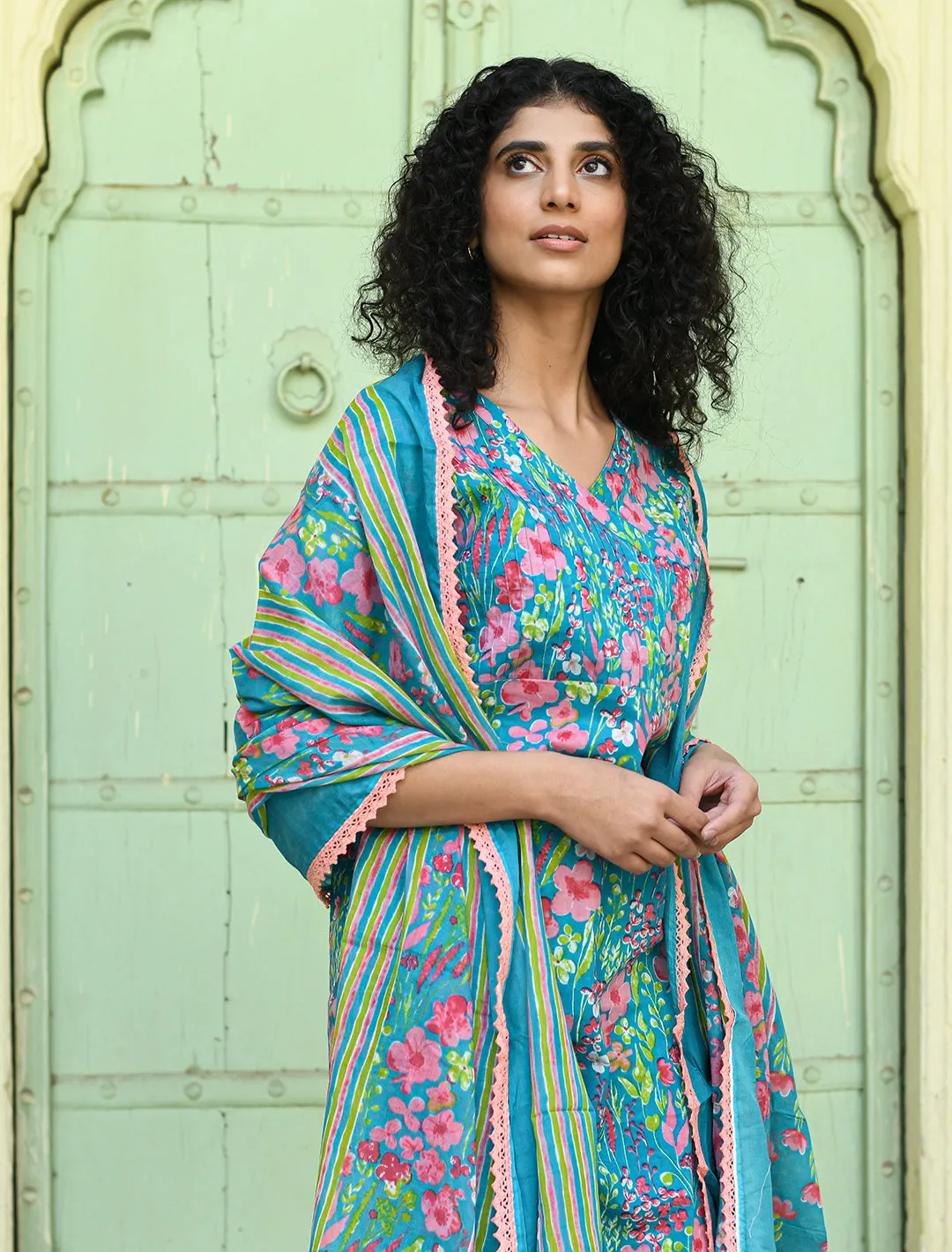Blue Floral Printed Regular Pure Cotton 3-Piece Kurta Suit Set