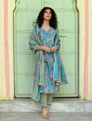 Blue Floral Printed Regular Pure Cotton 3-Piece Kurta Suit Set