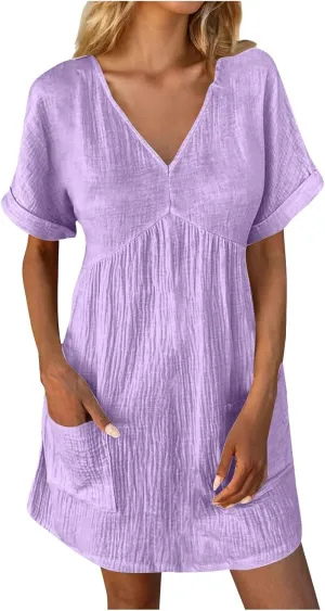 Casual Summer Solid V Neck Dress Short Sleeve Mini Patchwork Pleated Dress Flowy Loose Fit Dress with Pockets