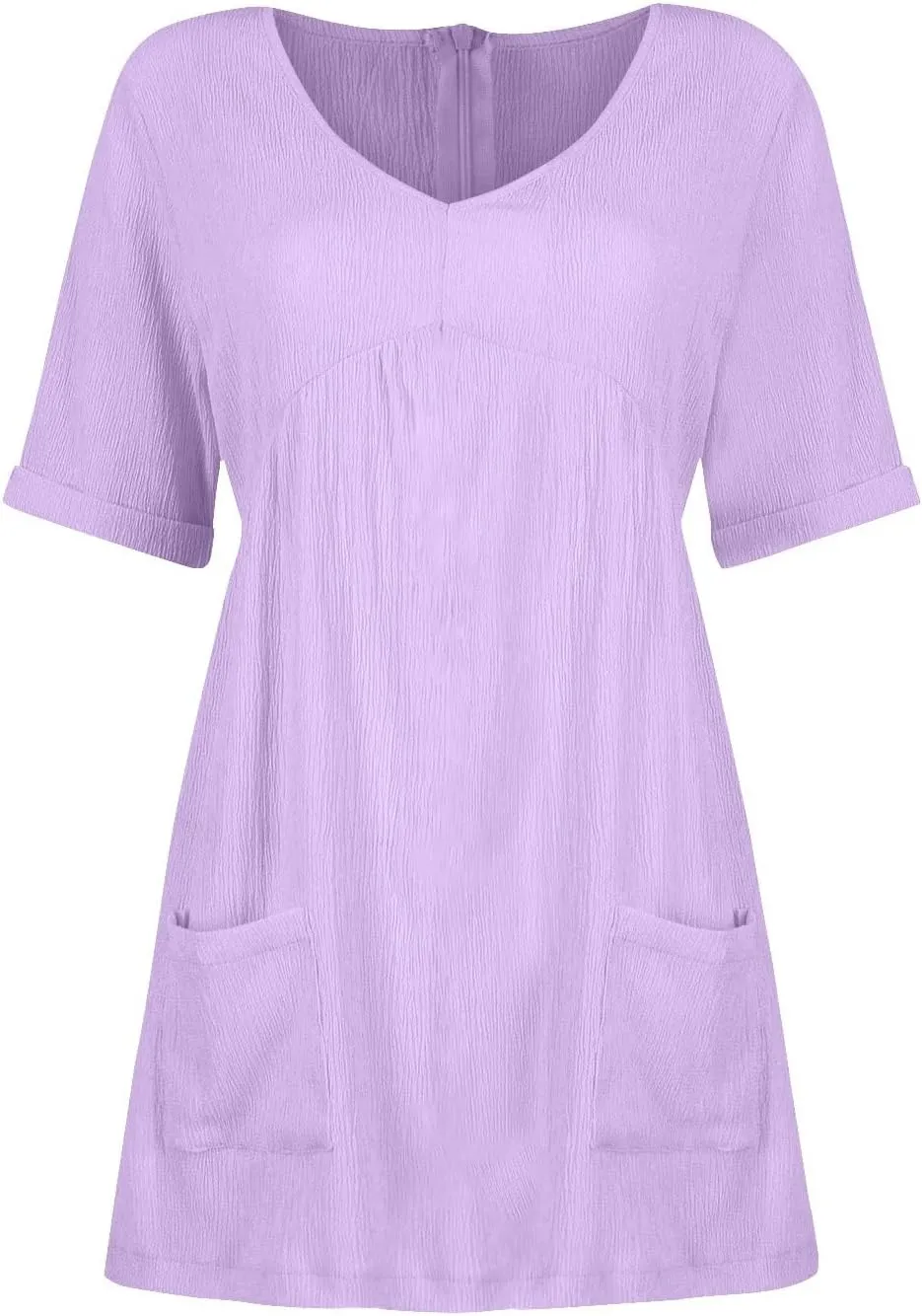 Casual Summer Solid V Neck Dress Short Sleeve Mini Patchwork Pleated Dress Flowy Loose Fit Dress with Pockets