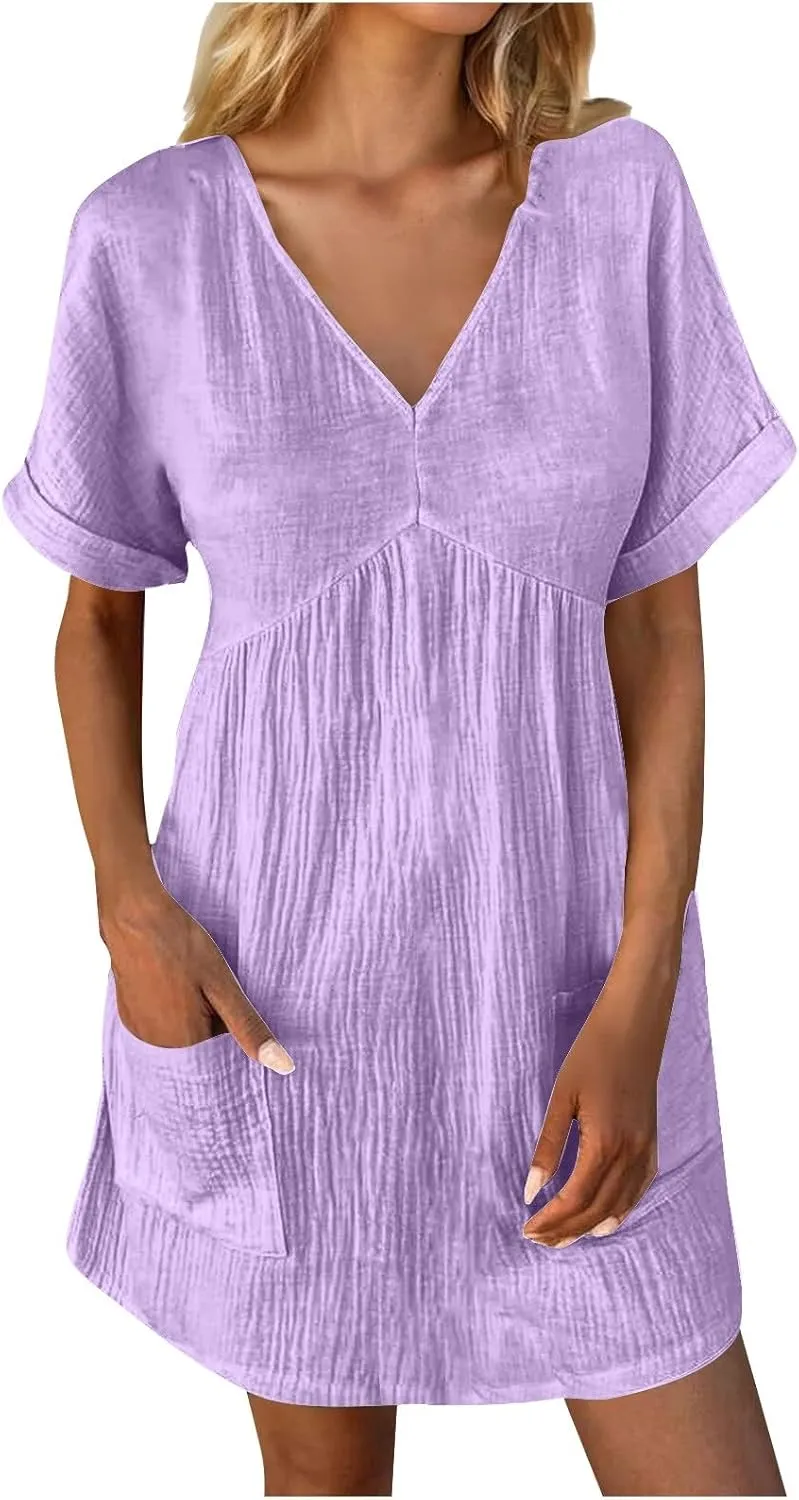 Casual Summer Solid V Neck Dress Short Sleeve Mini Patchwork Pleated Dress Flowy Loose Fit Dress with Pockets