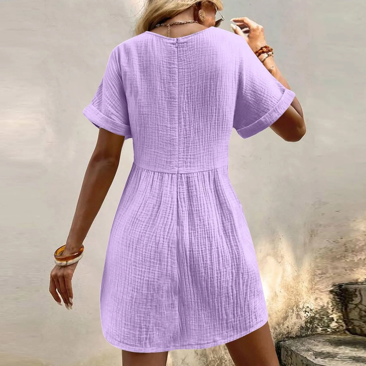 Casual Summer Solid V Neck Dress Short Sleeve Mini Patchwork Pleated Dress Flowy Loose Fit Dress with Pockets