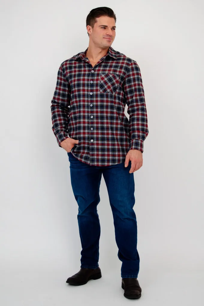 Cory Men's Shirt, Burgundy Plaid, Cotton