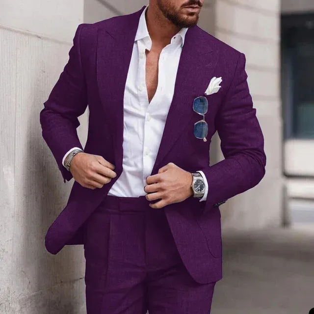 Mens Suit  Linen Two-Piece Set  Tailored Fit  Single Breasted  Formal Wear