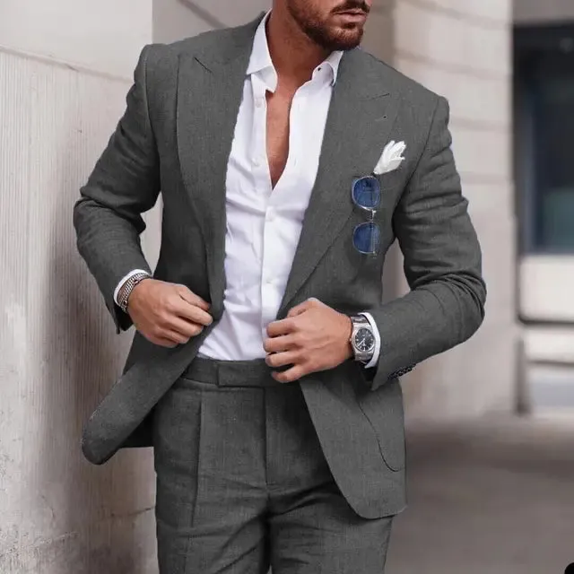 Mens Suit  Linen Two-Piece Set  Tailored Fit  Single Breasted  Formal Wear