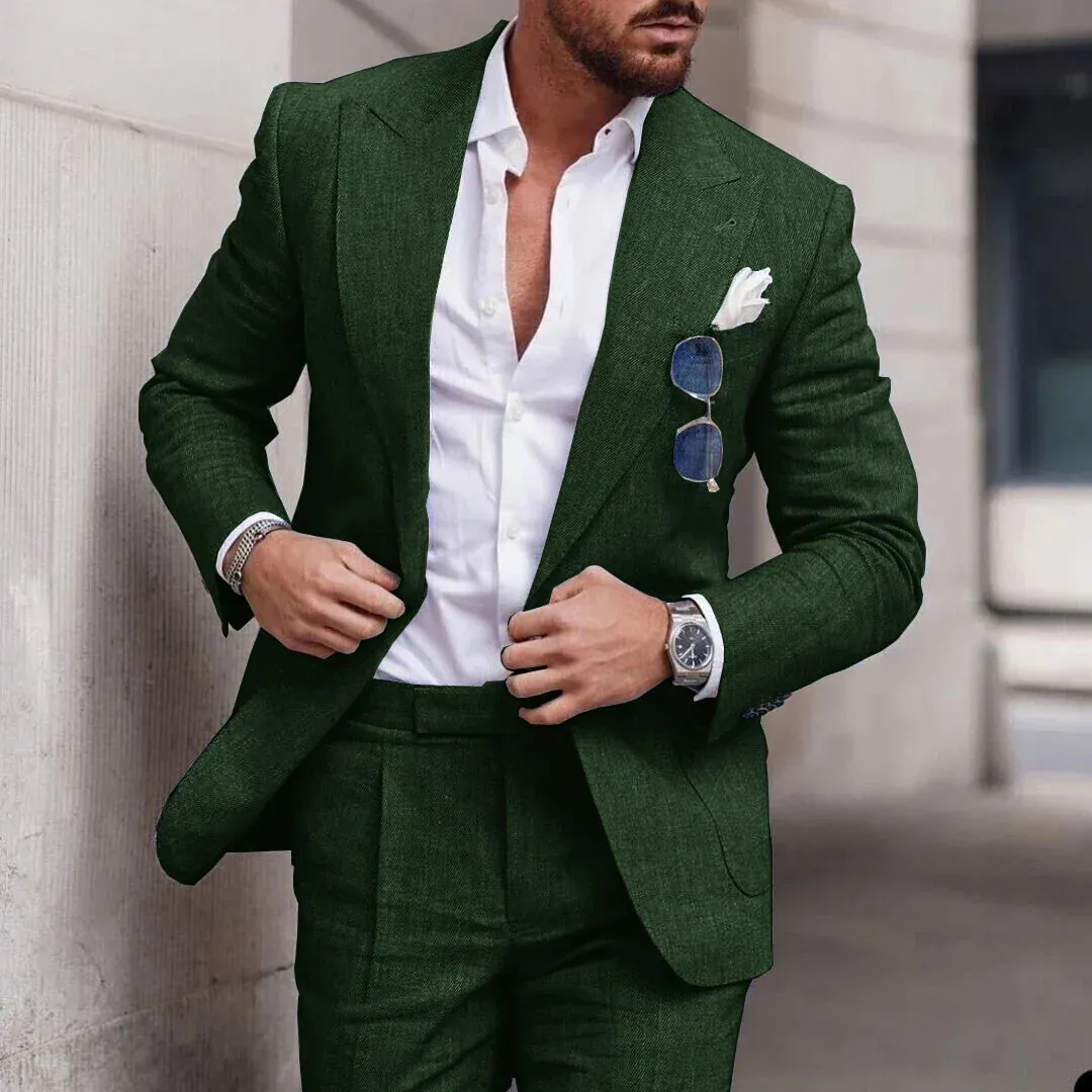 Mens Suit  Linen Two-Piece Set  Tailored Fit  Single Breasted  Formal Wear