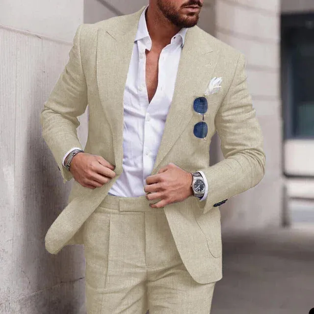 Mens Suit  Linen Two-Piece Set  Tailored Fit  Single Breasted  Formal Wear
