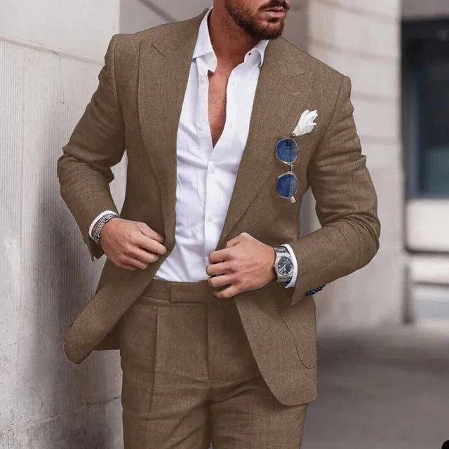 Mens Suit  Linen Two-Piece Set  Tailored Fit  Single Breasted  Formal Wear