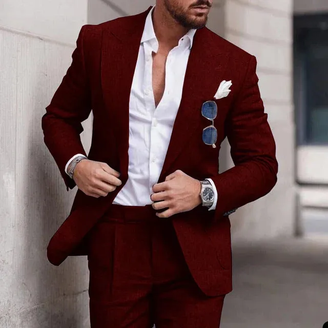 Mens Suit  Linen Two-Piece Set  Tailored Fit  Single Breasted  Formal Wear