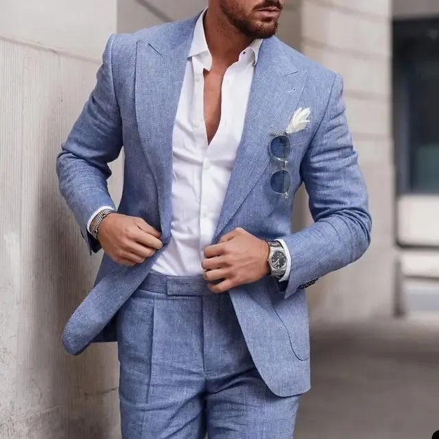 Mens Suit  Linen Two-Piece Set  Tailored Fit  Single Breasted  Formal Wear