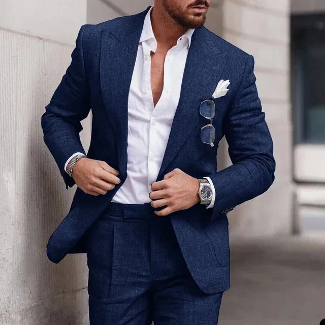 Mens Suit  Linen Two-Piece Set  Tailored Fit  Single Breasted  Formal Wear