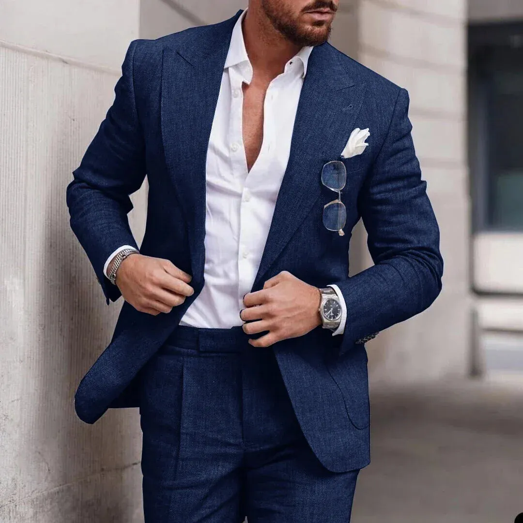 Mens Suit  Linen Two-Piece Set  Tailored Fit  Single Breasted  Formal Wear