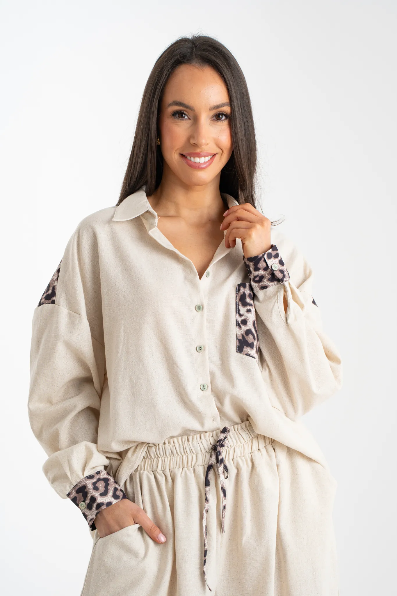 Millie Leopard Print Trim Shirt In Neutral