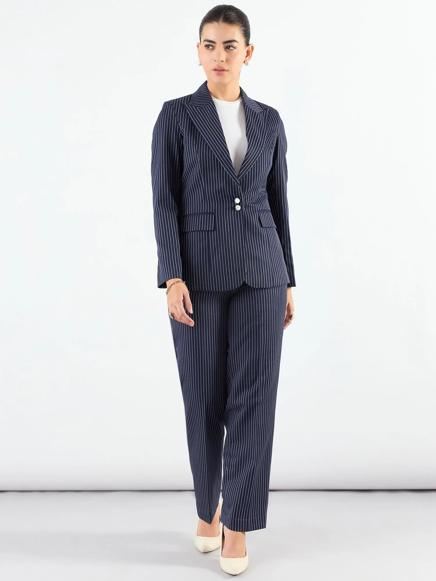 Navy Blue Polyester Asymmetric Blazer & Elasticated Fit Trouser