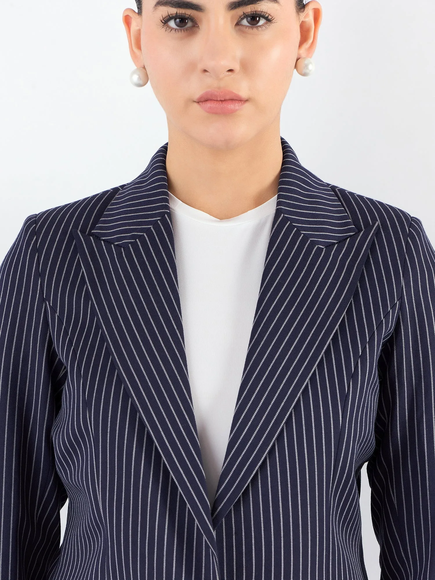 Navy Blue Polyester Asymmetric Blazer & Elasticated Fit Trouser