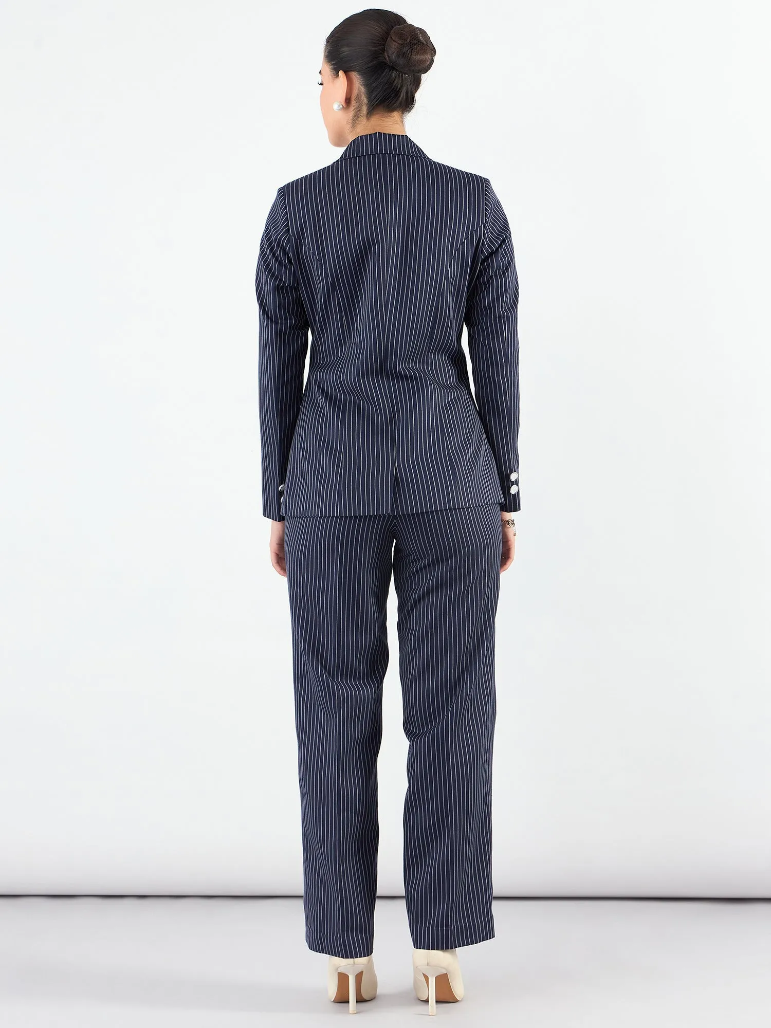 Navy Blue Polyester Asymmetric Blazer & Elasticated Fit Trouser