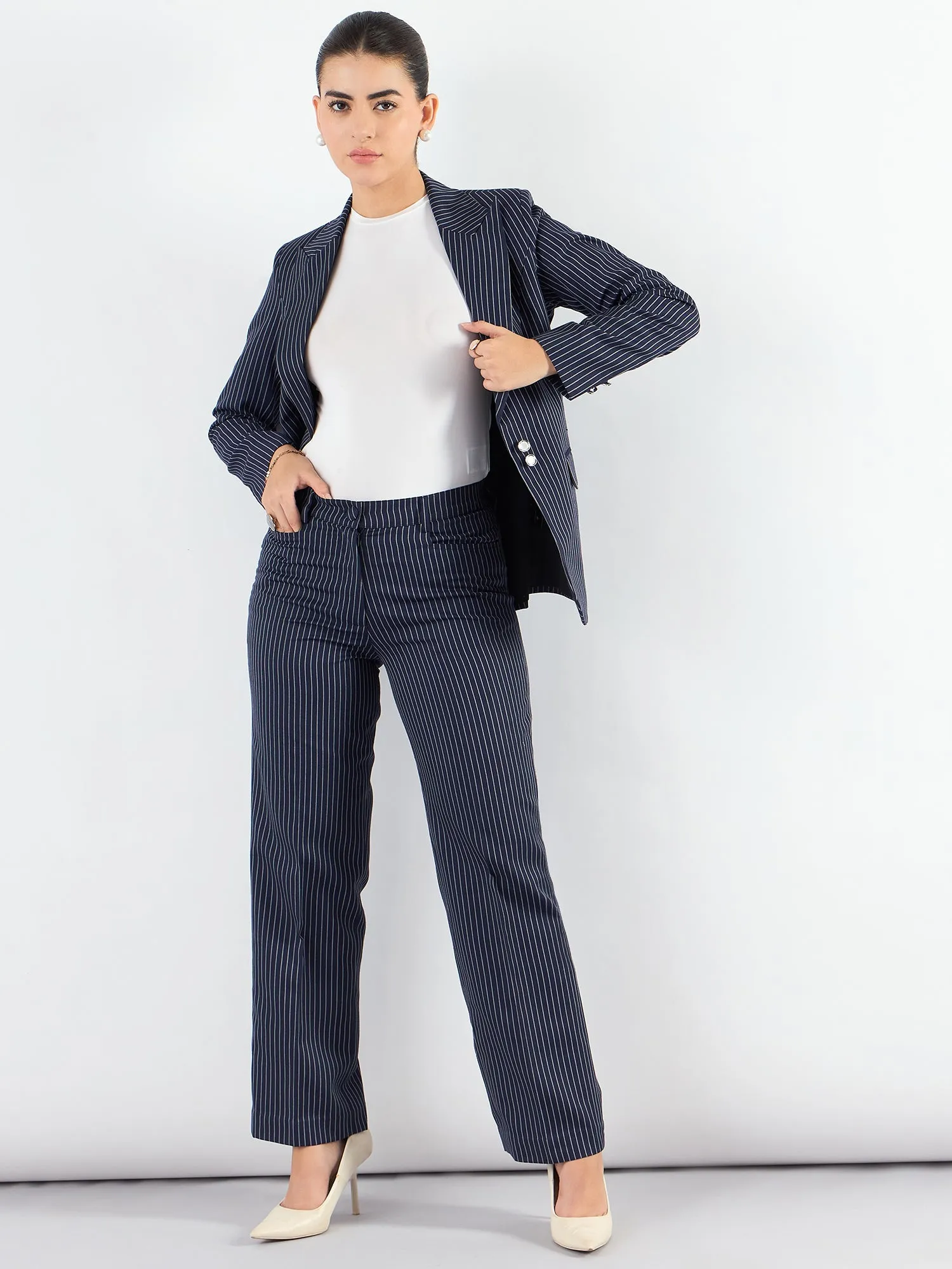 Navy Blue Polyester Asymmetric Blazer & Elasticated Fit Trouser