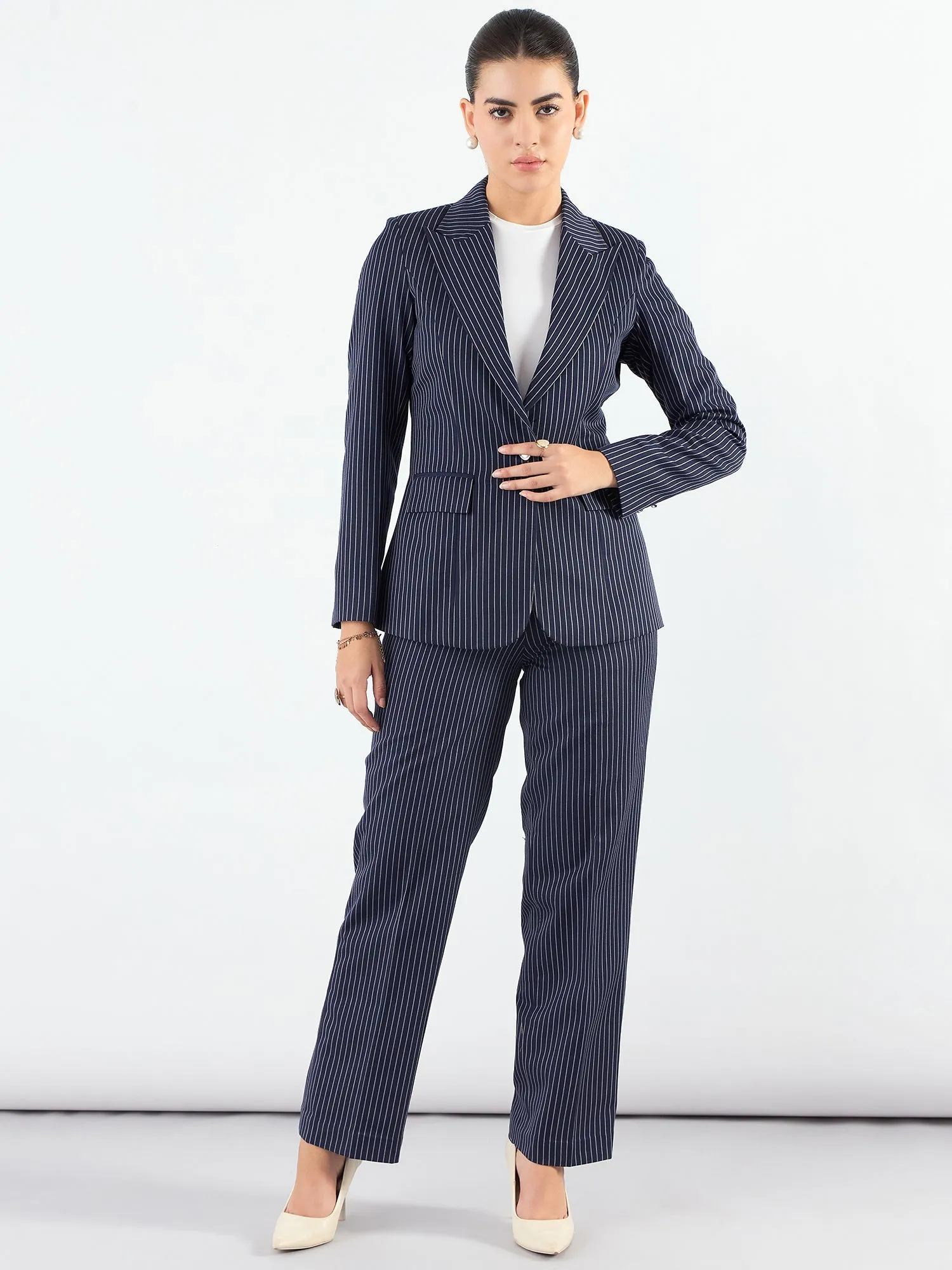 Navy Blue Polyester Asymmetric Blazer & Elasticated Fit Trouser