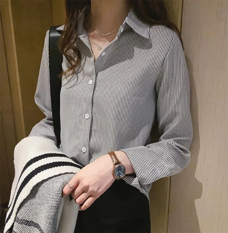 PLAZSON Classic Striped Camisas Blouse - Elevate Your Spring and Autumn Style with Polo-Neck Elegance
