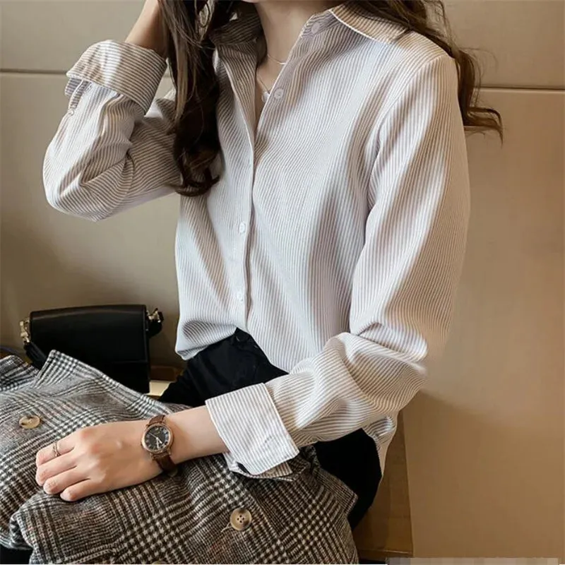 PLAZSON Classic Striped Camisas Blouse - Elevate Your Spring and Autumn Style with Polo-Neck Elegance