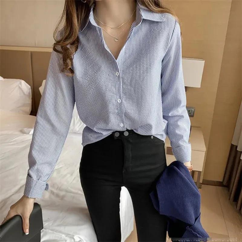 PLAZSON Classic Striped Camisas Blouse - Elevate Your Spring and Autumn Style with Polo-Neck Elegance