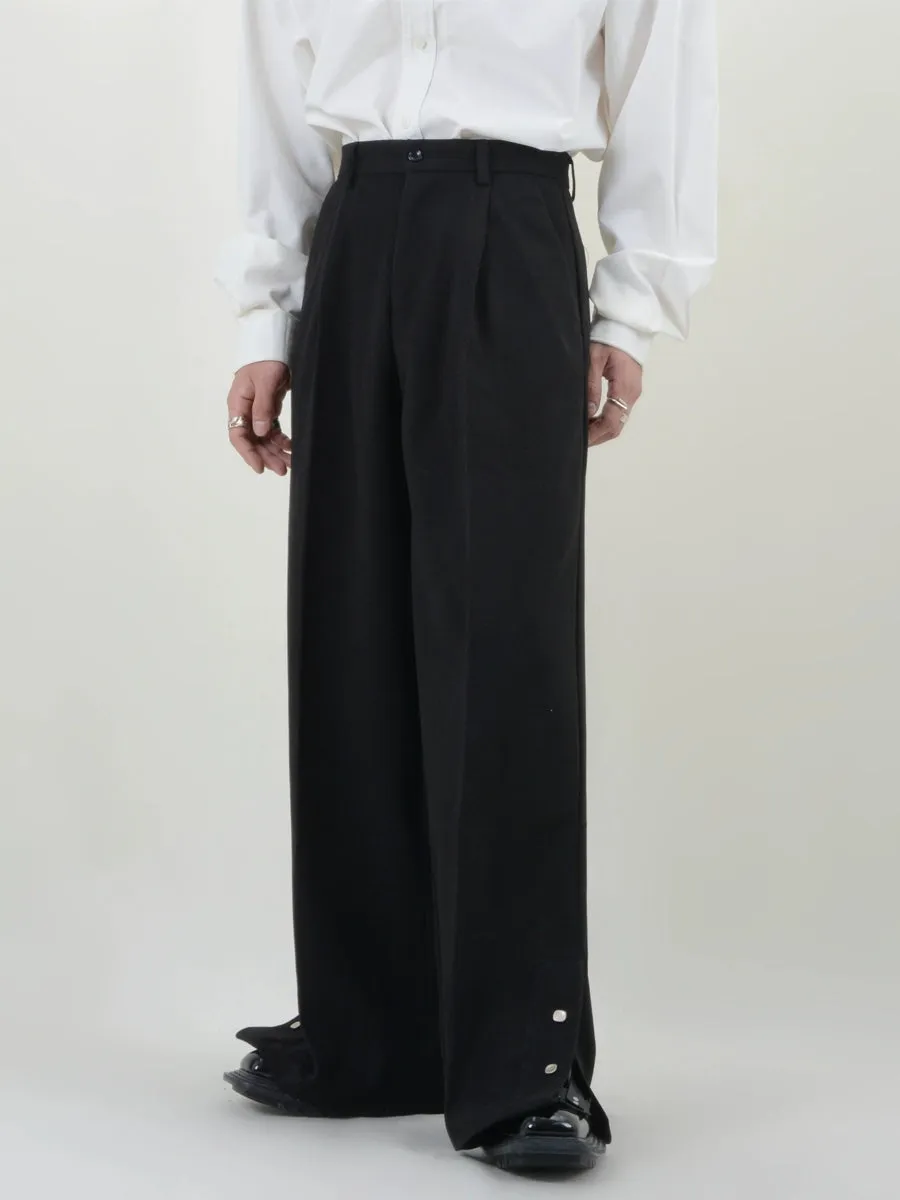 Pleated Button Hem Wide-Leg Trousers