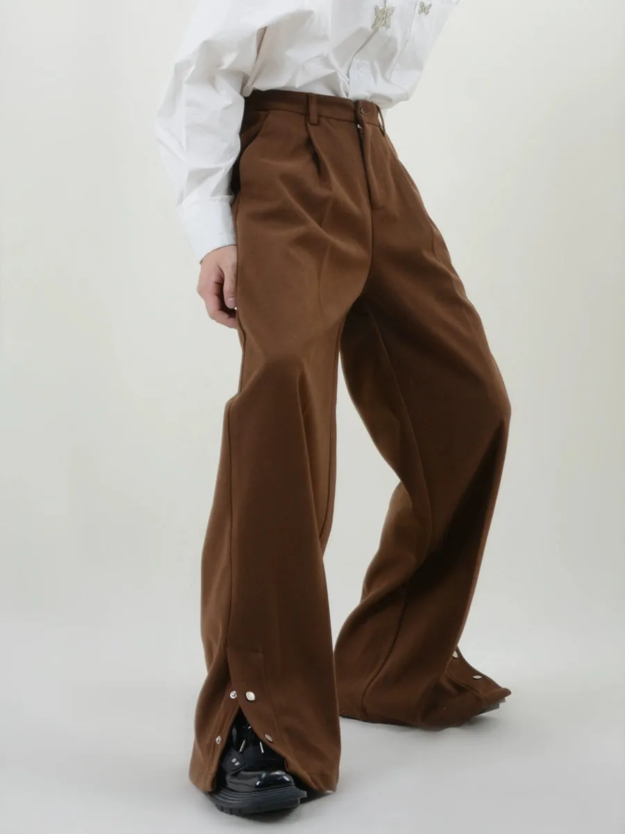 Pleated Button Hem Wide-Leg Trousers