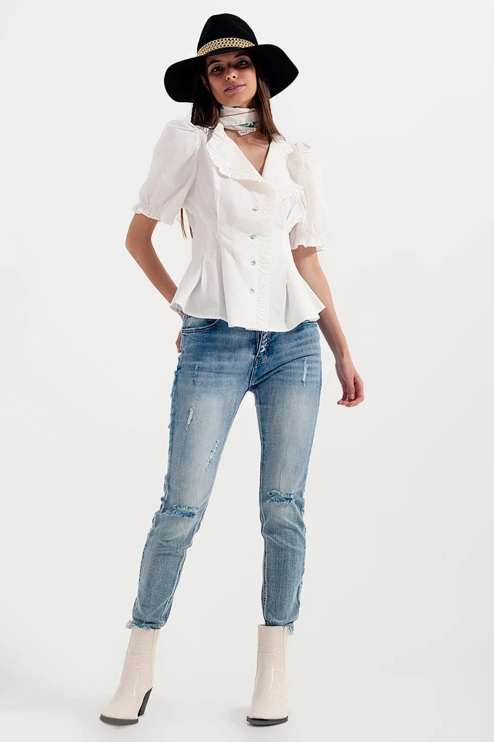 Poplin frill detail wrap blouse in cream