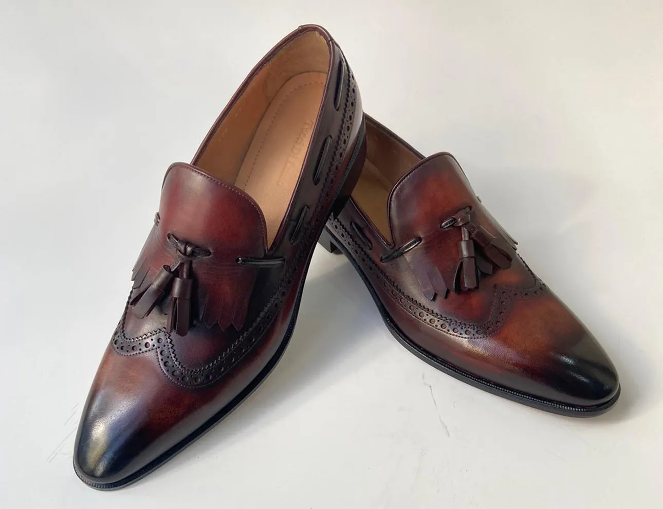 Tucci Di Lusso Mens Brown Italian Leather Handmade Luxury Tassel Slip-on Loafers Shoes