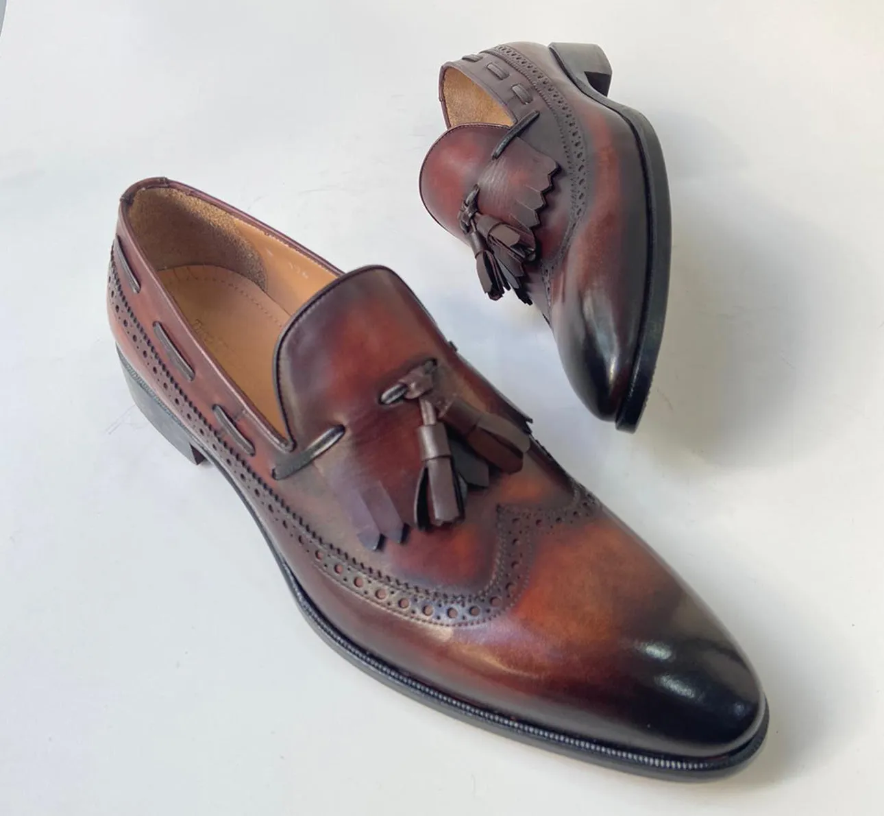 Tucci Di Lusso Mens Brown Italian Leather Handmade Luxury Tassel Slip-on Loafers Shoes