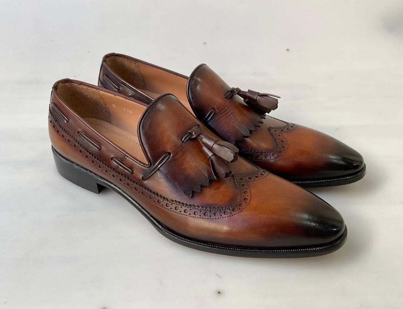 Tucci Di Lusso Mens Brown Italian Leather Handmade Luxury Tassel Slip-on Loafers Shoes