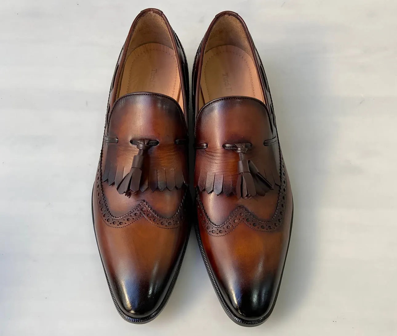 Tucci Di Lusso Mens Brown Italian Leather Handmade Luxury Tassel Slip-on Loafers Shoes