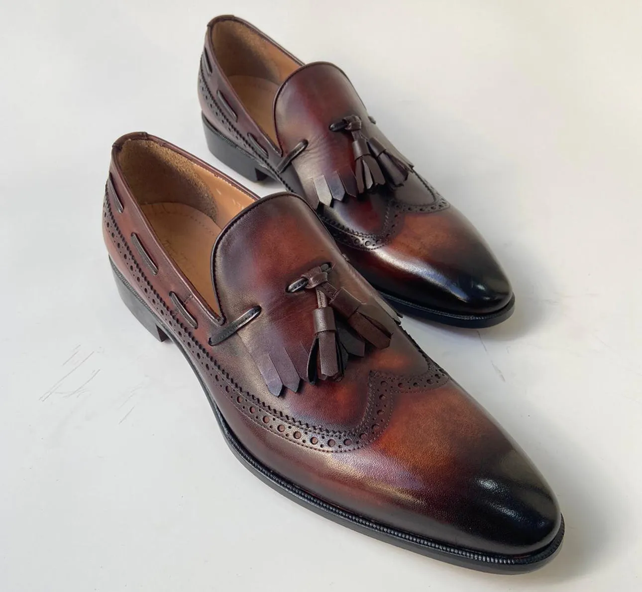 Tucci Di Lusso Mens Brown Italian Leather Handmade Luxury Tassel Slip-on Loafers Shoes