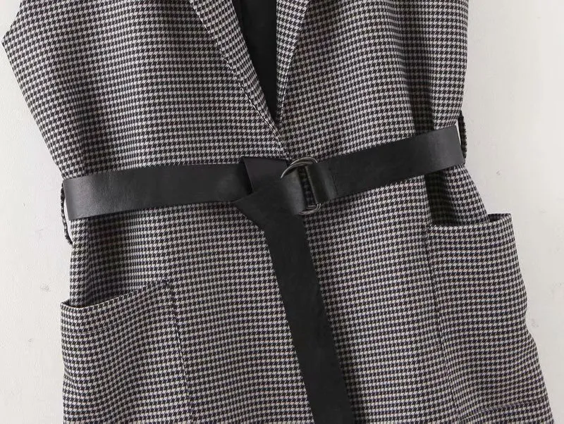 Vintage Houndstooth Waistcoat Sleeveless Wrap Dress