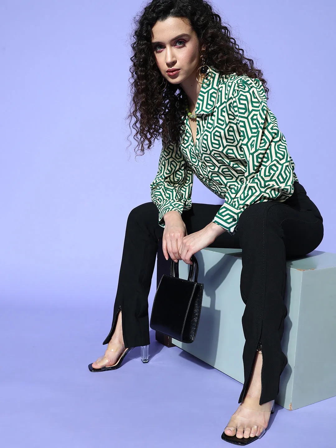 Women Classic White Geometric Vacay Attire Shirt
