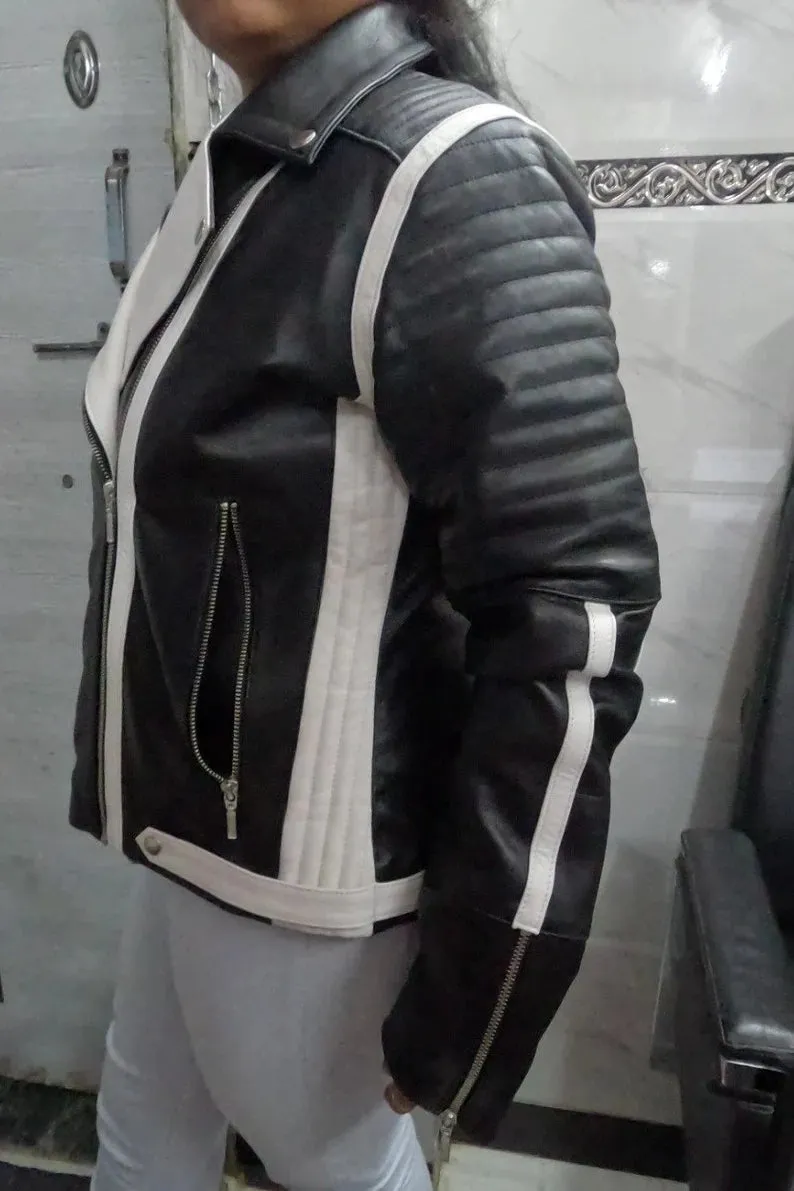 Womens Black & White Lambskin Leather Biker Jacket  Color Block Leather Jacket by tjs