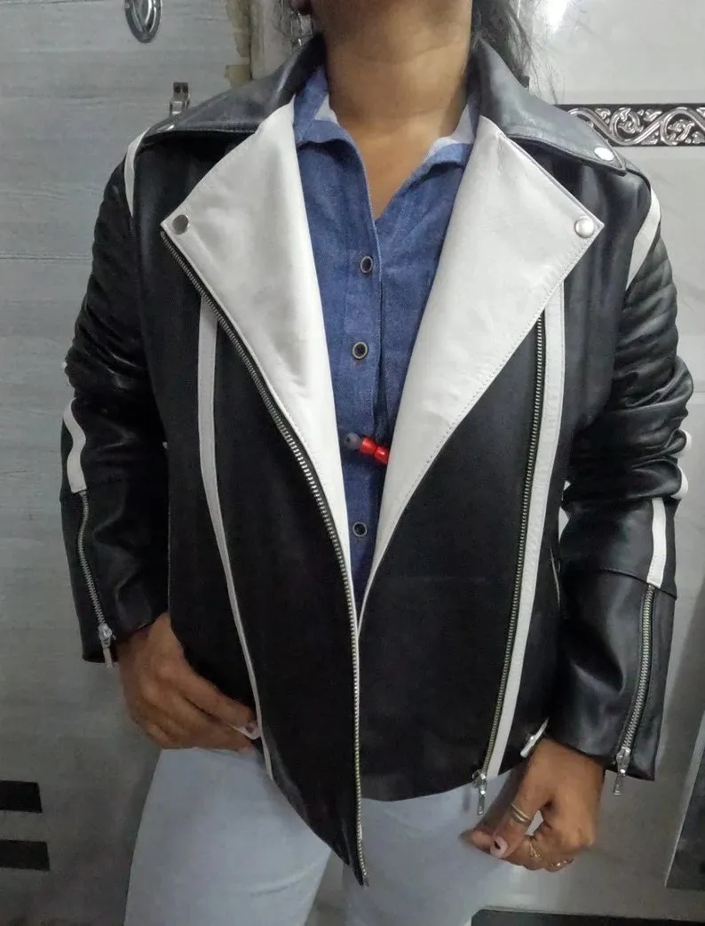 Womens Black & White Lambskin Leather Biker Jacket  Color Block Leather Jacket by tjs