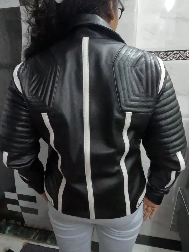 Womens Black & White Lambskin Leather Biker Jacket  Color Block Leather Jacket by tjs