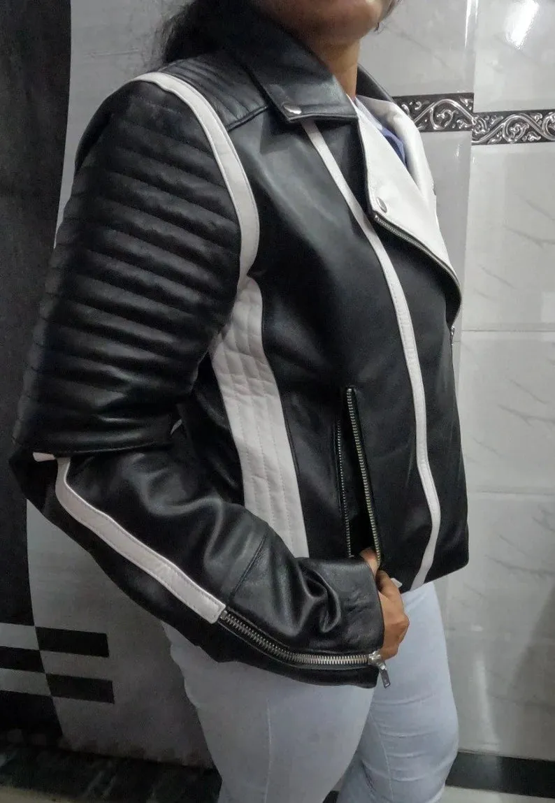 Womens Black & White Lambskin Leather Biker Jacket  Color Block Leather Jacket by tjs