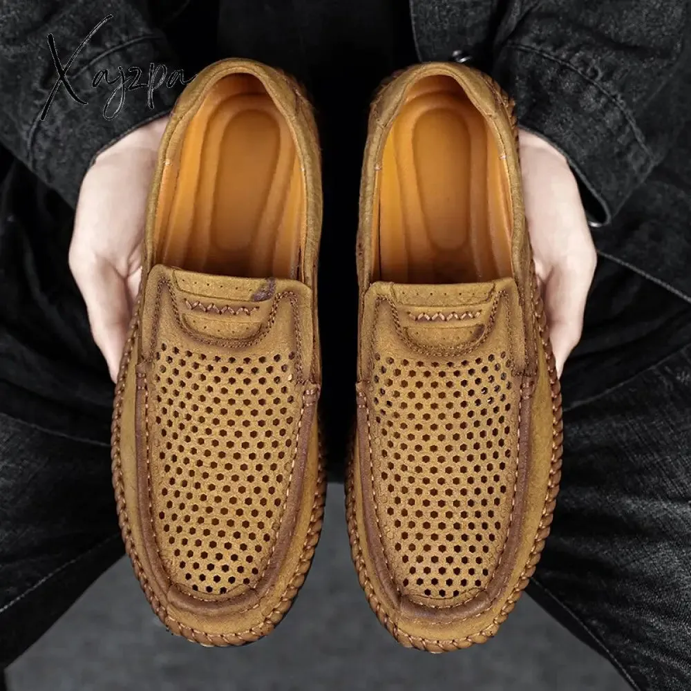 Xajzpa - Summer Loafers Genuine Leather Men's Casual Shoes Hollow Designer Flats Leisure Business Loafer Formal Men Shoes