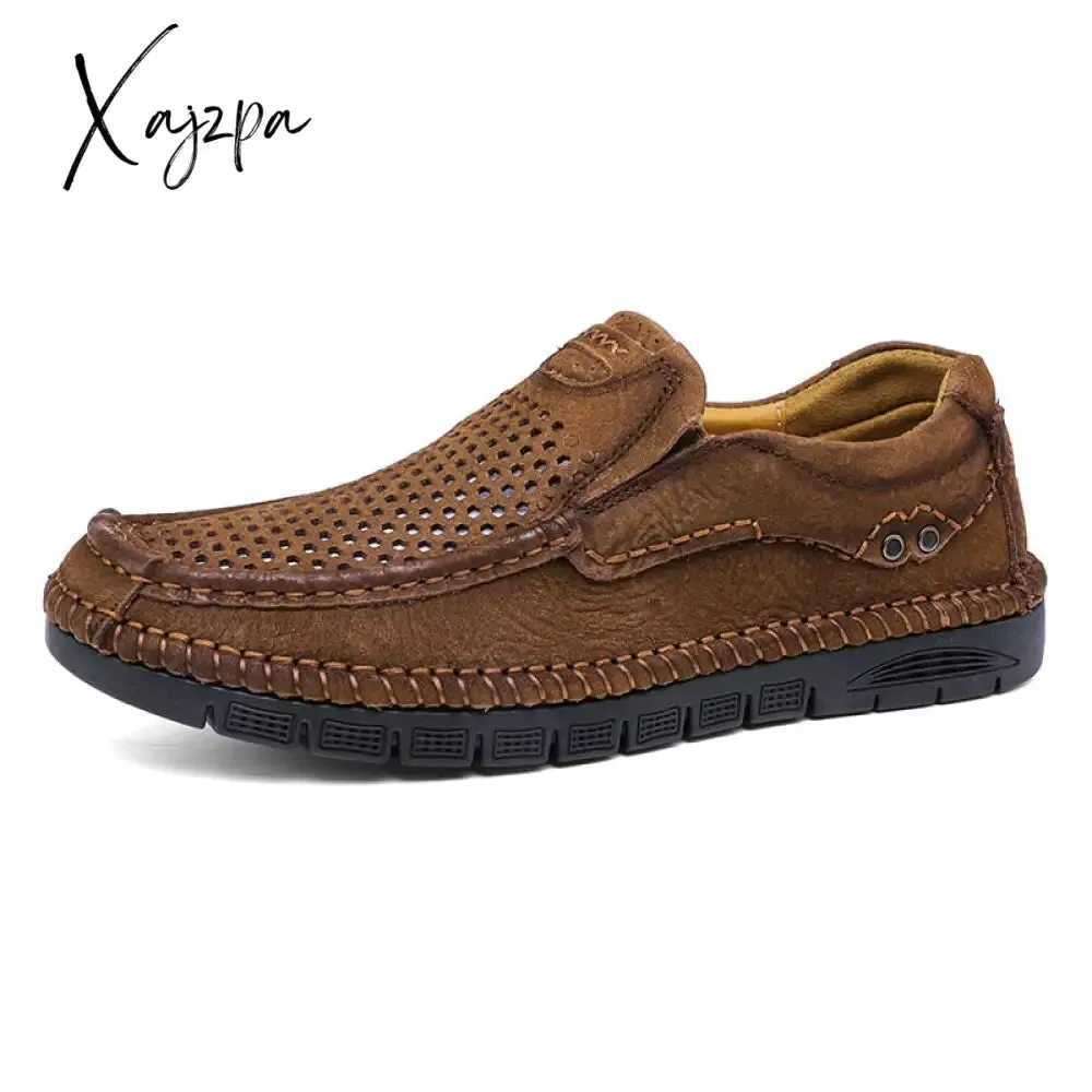 Xajzpa - Summer Loafers Genuine Leather Men's Casual Shoes Hollow Designer Flats Leisure Business Loafer Formal Men Shoes